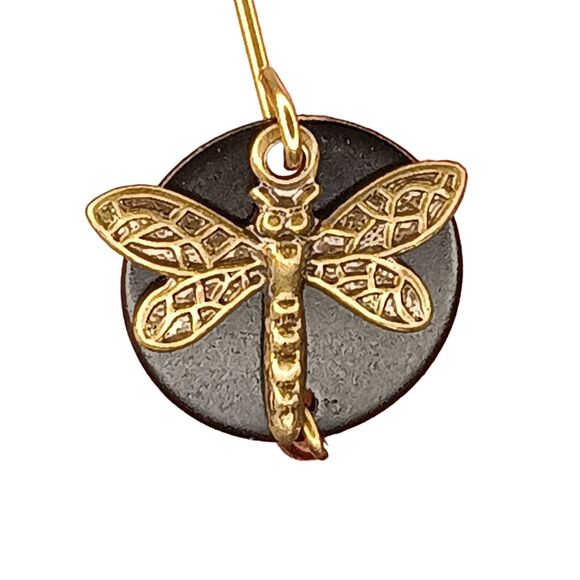 Goldtone Dragonfly Earrings On Black Disc Pierced Dangle Lightweight 1/4 Inch - Picture 3 of 7